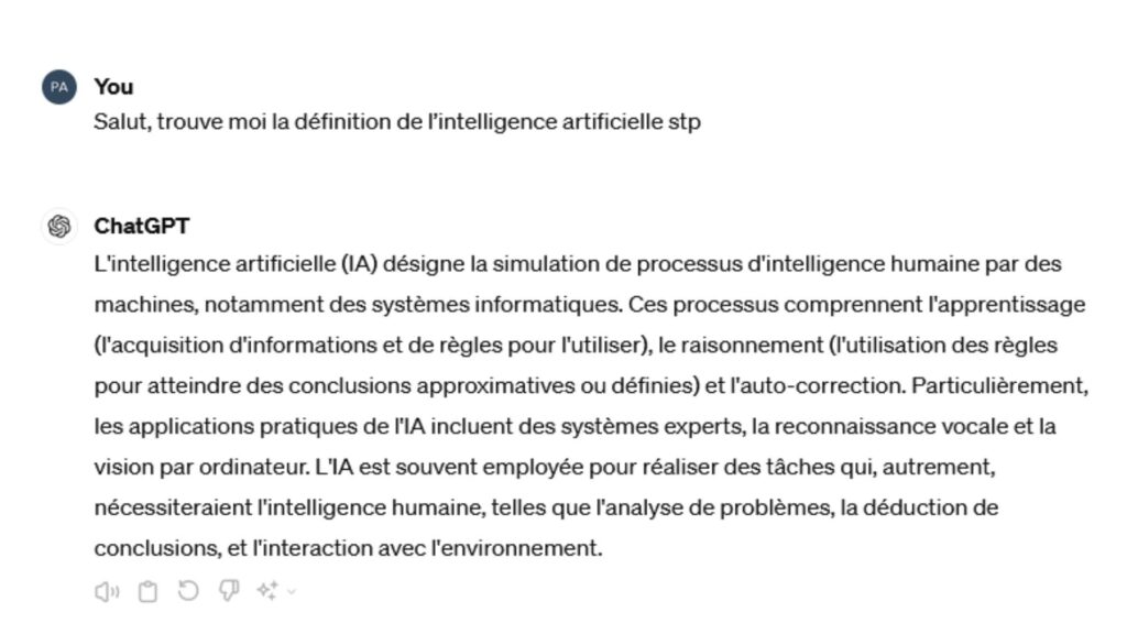 Définition de l'intelligence artificielle par Chat-GPT 